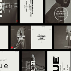 black and white posters with different font styles for the same brand, including two men in hoodies