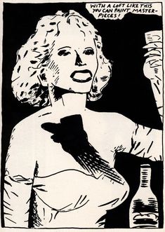 a black and white drawing of a woman holding a bottle