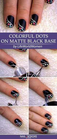 5 Easy Tutorials: Different Nail Designs Step-by-Step ❤ Colorful Dots On a Matte Black Base Different nail designs are the inevitable part of life of every modern woman. Sometimes to be different, you do not need to go to the salon! Intrigued? https://naildesignsjournal.com/different-nail-designs-easy-tutorials/ #naildesignsjournal #nails Easy Eyeshadow, Nailart Tutorial, Different Nail Designs, Nagel Tips, Super Nails, Nail Swag, Simple Nail Designs, Cute Nail Designs, Nail Art Tutorial