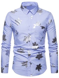 Twinkling Floral Leaf Print Casual Shirt - Light Blue - 3M89672312 - Men's Clothing, Men's Tops & T-Shirts, Men's Shirts  #MensShirts #Men's #Clothing # #Men's #Tops #& #TShirts # #Men's #Shirts Long Sleeves Shirts, Printed Shirts Men, Cheap Mens Fashion, White Shirt Men, Tuxedo Shirts, Gold Foil Print, Men Shirts, Business Shirts, Pocket Shirt