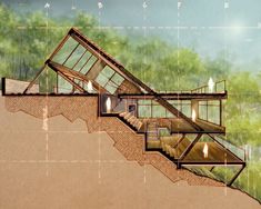 an architectural drawing of a staircase leading up to the top of a hill with trees in the background