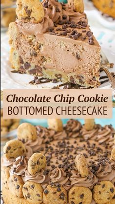 chocolate chip cookie bottommed cheesecake on a plate with the words, chocolate chip cookie bottommed cheesecake