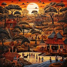 a painting of people playing in the water near houses and trees with an orange sky