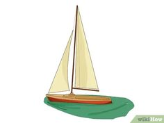 a small sailboat floating on top of a body of water with green grass around it