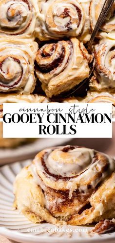 cinnamon roll on a plate with the title text overlay reads cinnamon buns gooey cinnamon rolls