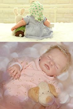 two pictures one with a sleeping baby and the other with a stuffed animal