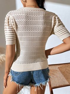 Get a perfor-mazing look with this Delphina knit top! A creamy delight boasting a perforated design, it'll be your go-to for any occasion and will make you look totally bella! Suitable for any stylish wardrobe, this top won't let you down. Size Guide: Influencer is 5’5” tall, and has a 33.4” bust, 24.7”waist, & 36.9” hips. She is wearing a S / US 4 / AU 8. This top is true to size. Material: 50% Viscose, 30% Polyester, 20% Acrylic. Key Features: Short sleeves. Crew Neckline. Soft Knit Fabricatio Knitting Top, Eyelet Shorts, Stylish Wardrobe, Trendy Boots, Knitwear Tops, Daily Dress, Trendy Accessories, Comfortable Fashion, Beige Color