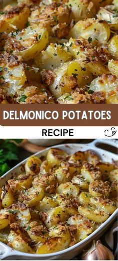 two pictures with different types of potatoes and the words delmonico potatoes recipe on them