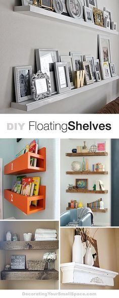 there are many shelves with pictures on them and the words diy floating shelves below