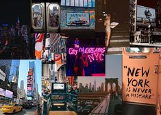 a collage of photos with the words new york in different languages and pictures of city buildings