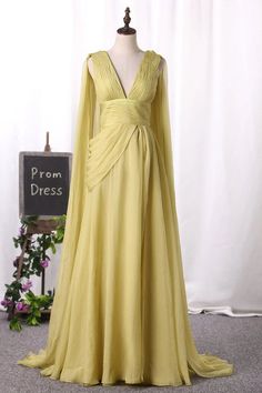 Party Dresses Flowing V-Neck Chiffon Column With Ruffles Yellow V-neck Chiffon Party Dress, Yellow V-neck Chiffon Dress For Party, Green V-neck Chiffon Party Dress, Green V-neck Chiffon Evening Dress, Flowy Green Chiffon V-neck Dress, Floor Length Evening Dress, Evening Dress Floor Length, Party Dresses, Evening Dress