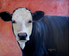 a painting of a black and white cow on a pink background with the word,