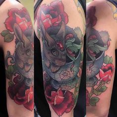 three different images of tattoos on the arm and shoulder, one with an image of a rhino