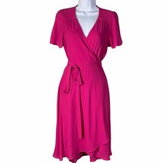 Joompy Pink Wrap Dress Sz Small New With Tags No Flaws Flattering Wrap Dress With Split Flutter Sleeves Bright Pink Bust 15.5” Length 38” Wrap Dress Pink Hot Pink Date Night Wedding Guest Shower Summer Vacation Colorful Barbie Pink Barbiecore Pink Flowy Dress With Tie Waist, Fitted Viscose Midi Wrap Dress, Fitted Viscose Wrap Dress Midi Length, Flowy Pink Dress With Tie Waist, Fitted Viscose Wrap Dress For Summer, Spring Knee-length Viscose Wrap Dress, Fitted Viscose Midi Dress With Tie Waist, Fitted Viscose Dress With Tie Waist, Summer Viscose Wrap Dress For Work