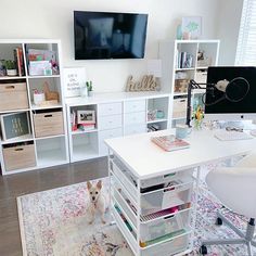 a dog is standing in front of a computer desk