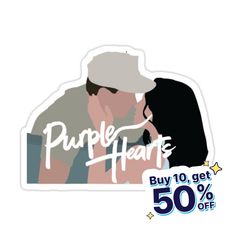 a sticker with the words purple heart on it and a couple kissing each other