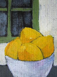 a painting of yellow fruit in a white bowl