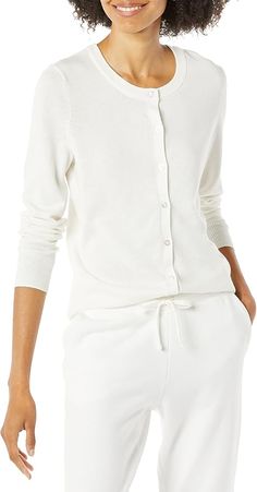 Amazon.com: Amazon Essentials Women's Lightweight Crewneck Cardigan Sweater (Available in Plus Size), Black, X-Large : Clothing, Shoes & Jewelry Plus Size White, Everyday Clothing, Sweater Fits, Knit Set, Cozy Knits, Long Sleeve Cardigan, White Sweaters, Light Weight Sweater