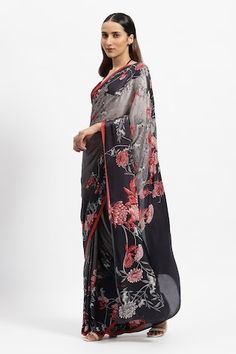 Grey medium saree with all over floral vine prints and crystal embellishments. Comes along with a running blouse piece. - Aza Fashions Art Silk Floral Print Pre-draped Saree, Satya Paul, Grey Saree, Paul Gray, Gray Silk, Blouse Pattern, Printed Sarees, Floral Vine, Silk Crepe