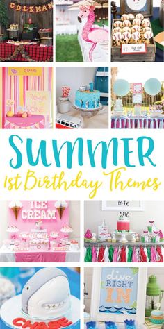 a collage of photos with the words summer and birthday themes in different colors on them