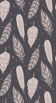 a pattern with leaves and dots on a black background, in shades of pink and grey