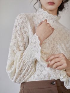 Daisy Lace Blouse (Cream) Feminine Spring Lace Top, Feminine Lace Top For Brunch, Feminine Spring Blouse With Lace Sleeves, Fall Lace Top Blouse For Layering, Fall Lace Top With Patchwork For Layering, Chic Lace Patchwork Top For Layering, Fall Blouse With Lace Top For Layering, Feminine Lace Top For Spring, Chic Lace Top With Lantern Sleeves