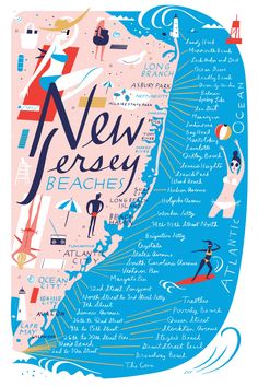 new jersey beach map in pink, blue and white with words written on the side