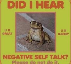 a frog sitting on the ground next to a sign that says, did i hear negative self talk? please do not do it