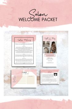 a pink and white brochure with the words salon welcome packet