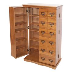 an open wooden cabinet with many drawers