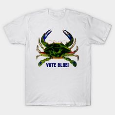 a white t - shirt with an image of a crab on it