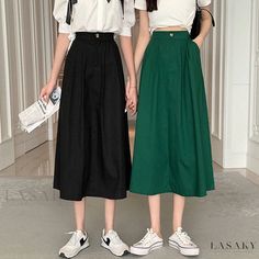 Lasaky - Green High-Waisted Midi Skirt with Flared Hem - Elegant Workwear Skirt High Waist Non-stretch Solid Color Skirt, High Waist Solid Color Maxi Skirt, High Waist Green Denim Skirt, Non-stretch Midi Skirt, Casual Waist-length Pleated Skirt, Solid Non-stretch Midi Skirt, Casual Black Waist-length Skirt, Non-stretch High Waist Solid Color Skirt, Non-stretch High Waist Skirt