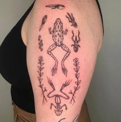 a woman with a tattoo on her arm has an image of a frog and birds