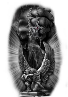 a black and white drawing of hands holding a rosary with an angel on the cross