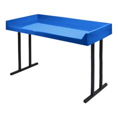 a blue table with black legs and a tray on the top that has a handle