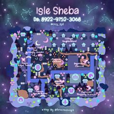 the map for isle sheba, which is located in the sky with stars and clouds