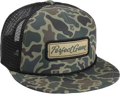 PRODUCT FEATURES: Stiff structured sloped crown Cotton twill front Light poly, trucker-style mesh sides and back Cotton-twill sweatband Matching adjustable snapback ADDITIONAL DETAILS: One size fits most (OSFM) Merrow edge embroidered patch on front Woven loop label on back Camouflage Snapback Trucker Hat For Sports, Camouflage Flat Bill Trucker Hat, Military Trucker Hat With Curved Bill For Sports, Military Style Trucker Hat With Curved Bill For Sports, Military Style Sports Trucker Hat With Curved Bill, Military Style Snapback Trucker Hat, Perfect Game, Athletic Outfits, Embroidered Patch