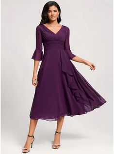 JJ's House Ruffle Chiffon V-Neck Spring A-line General Plus Back Zip V Back Simple Minimalist Grape Height:5.8ft（176cm） Bust:32in（82cm）Waist:24in（61cm）Hips:35in（89cm） Tea-Length Purple Model Name:Katy  Height:5.7ft（173cm）  Bust:40in（101cm）  Waist:32in（83cm）  Hips:44. #JJ's House #Ruffle #Chiffon #VNeck #Spring #Aline #General #Plus #BackZip #VBack #Simple #Minimalist #Grape #TeaLength #Purple Cocktail Dresses With Sleeves, Chiffon Cocktail Dress, Lace Beach Wedding Dress, Two Piece Homecoming Dress, Prom Dresses Two Piece, Evening Dresses Cocktail, Lace Homecoming Dresses, Piece Prom Dress, Plus Size Prom Dresses