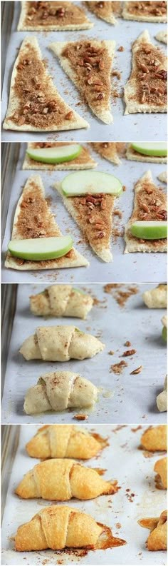 the process of making apple turnovers is shown in three different stages, including baking them