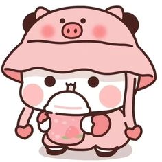 an animal with a pink hat on its head and holding a cup in her hand