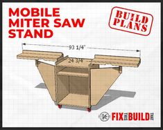 the plans for a mobile mitter saw stand are shown in red and white text