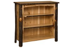 a wooden book shelf with two shelves on each side