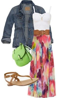 blue jean denim jacket. Green Purse, Style Inspiration Spring, Maxi Skirts, Hippie Chic, Mode Vintage