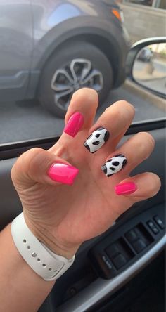 Coral Cow Print Nails, Hot Pink Cowprint Nails, Western Nails Hot Pink, Hot Pink And Cow Print Nails, Pink Country Nails, Hot Pink Cow Print Nails, Pink Western Nails, Pink Cow Print Nails, Western Style Nails