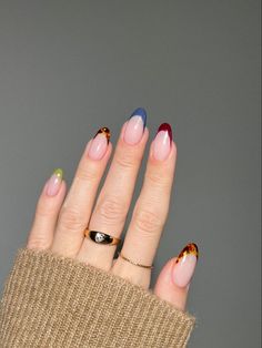 #fallnails #autumnnails #nailart #nailinspiration #fallbeauty #nailtrends #seasonalnails #fallvibes #nailsofinstagram #naildesigns Vacation French Nails, Neutral But Fun Nails, Pink Tortoise Shell Nails, Tortus Shell Nails, Tortious Shell Nails, Multi Color French Tip Nails, Fall Skittle Nails, French Nails Color, Nail Ideas Unique