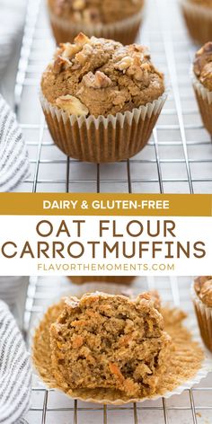 carrot muffins cooling on a wire rack with text overlay reading dairy & gluten - free oat flour carrot muffins