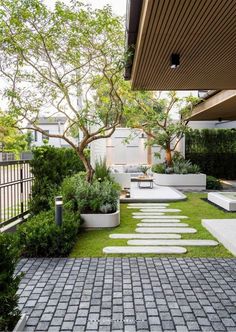 an outdoor area with grass and stepping stones