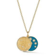 Crafted from gold and enamel, the exquisitely detailed locket features a sand dollar design that slides open to reveal turquoise enamel and diamond stars on one side, with a diamond set in the center of a brushed gold reverse. 1.28 tcw Chain included adjustable 16-18" Lagoon ships within 5 business days. Turquoise Medallion Locket Jewelry, Enamel Medallion Amulet Jewelry, Luxury Enamel Locket Jewelry, Engraved Medallion Jewelry In Enamel, Celestial Turquoise Pendant Jewelry, Bridal Waves, Dollar Design, Diamond Tennis Necklace, Golden Jewelry