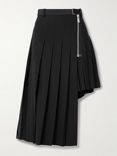 Sacai's woven skirt is sharply pleated from the hip through the asymmetric hem, creating beautiful movement with every step. It has an optional grosgrain belt and bold zipper fastening along the side. The satin lining offers a smooth, comfortable fit. Sacai 2024, Mondstadt Characters, Assymetric Skirt, Upcycle Skirt, Asymmetrical Skirts, Pleated Skirt Pattern, Fashion Study, Fw 2024, Afghan Culture