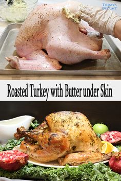 roasted turkey with butter under skin on a baking sheet and in the process of being cooked